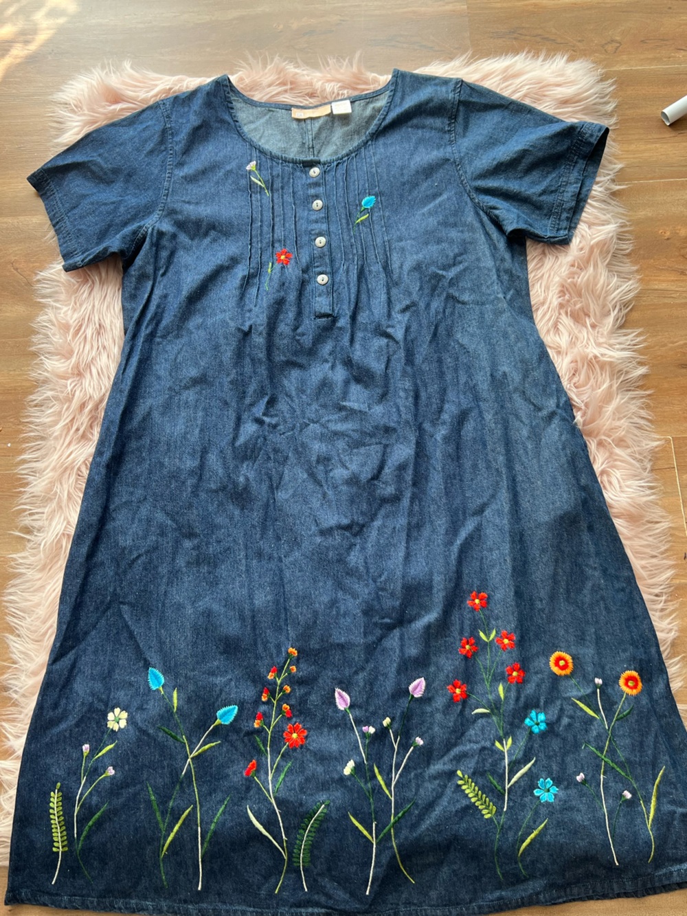 Embroidered Dark Blue Denim Midi Dress with Floral Detail XL Vintage
